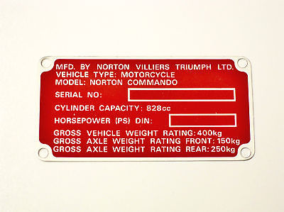 Registration Badge red frame tag ID plate 850 Norton Commando NOS Villiers