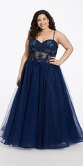 navy/size/14/plus/Camille La Vie/3D Flower Embroidered Corset Ballgown /front