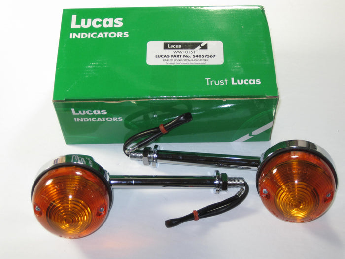 54057567 Lucas replica pair of turn signals long 6" stems Triumph Norton BSA flasher blinkers