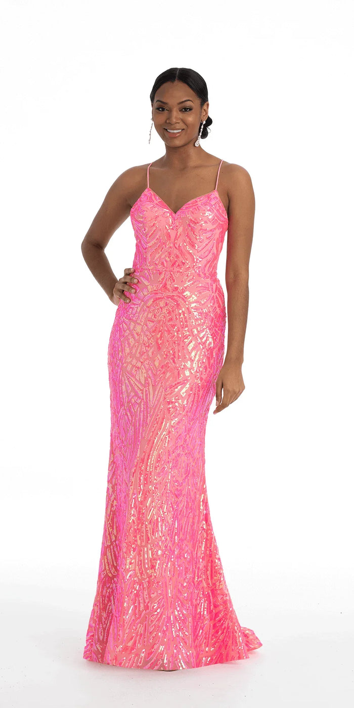 bright-pink/size/4/missy/Camille La  Vie /Abstract Sequin Lace Up Back Trumpet Dress /front
