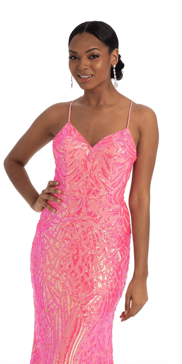 bright-pink/size/4/missy/Camille La Vie /Abstract Sequin Lace Up Back Trumpet Dress /front alt