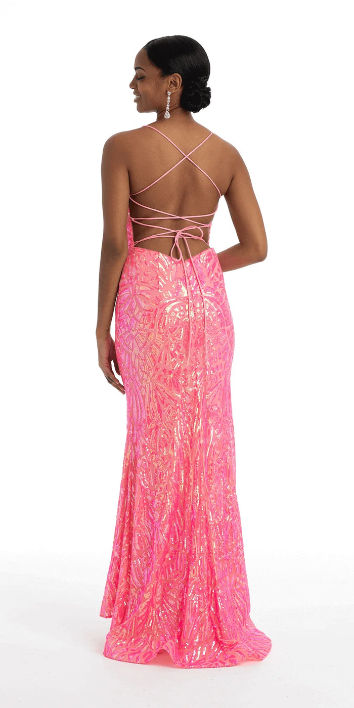 bright-pink/size/4/missy/Camille La  Vie /Abstract Sequin Lace Up Back Trumpet Dress /back