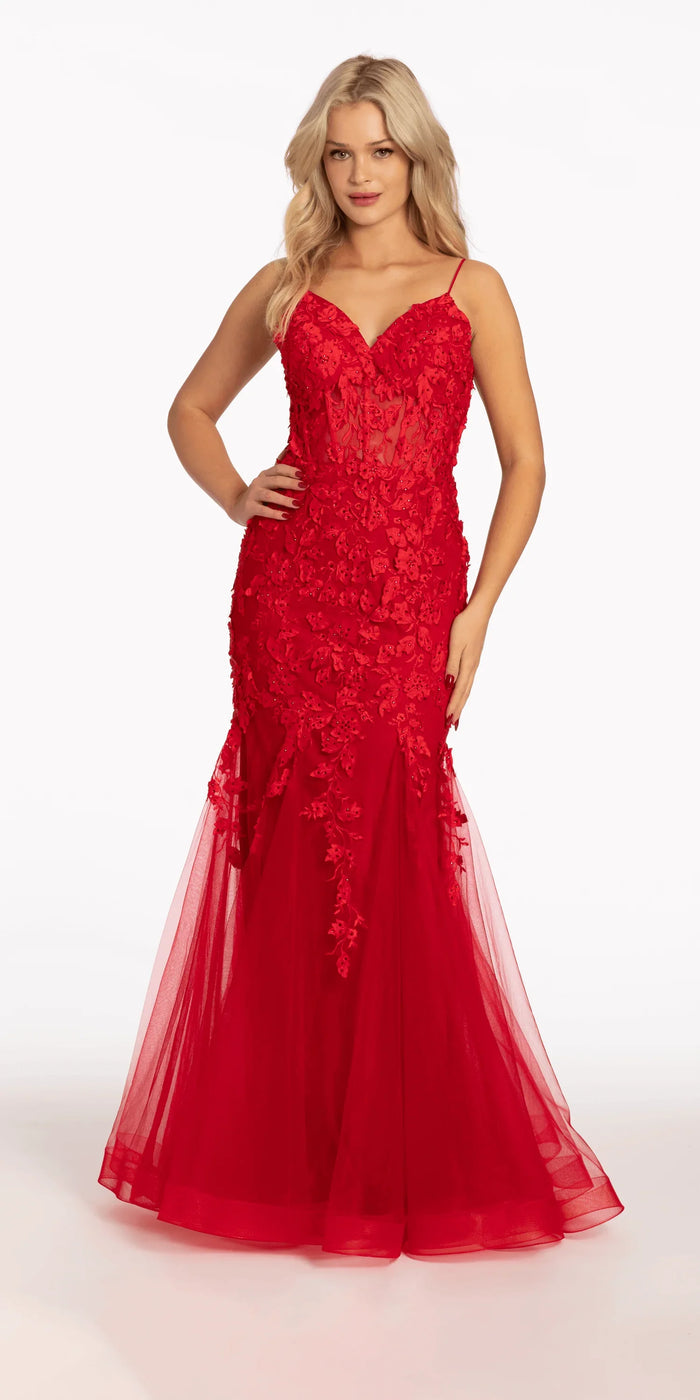 red/size/4/missy/Camille La Vie/Beaded Embroidered Mesh Lace Trumpet Dress with Godets/front