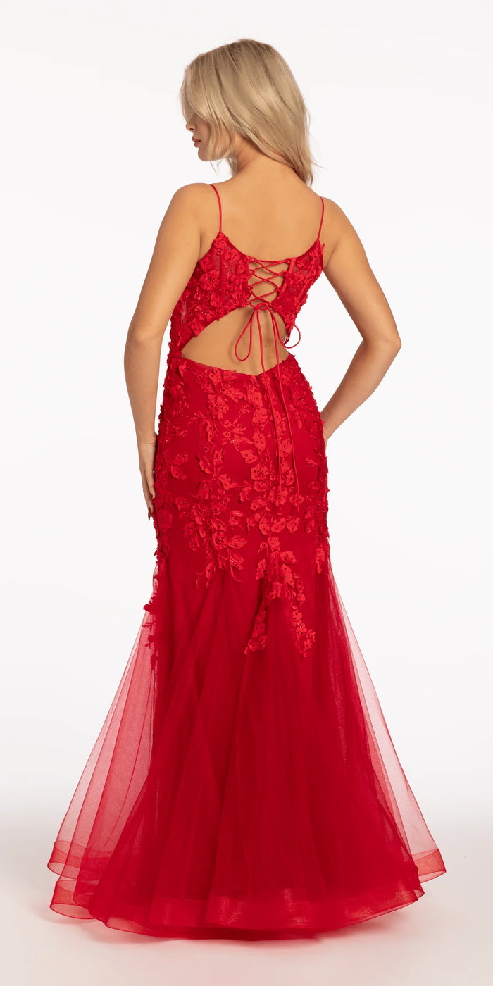 red/size/4/missy/Camille La Vie/Beaded Embroidered Mesh Lace Trumpet Dress with Godets/back