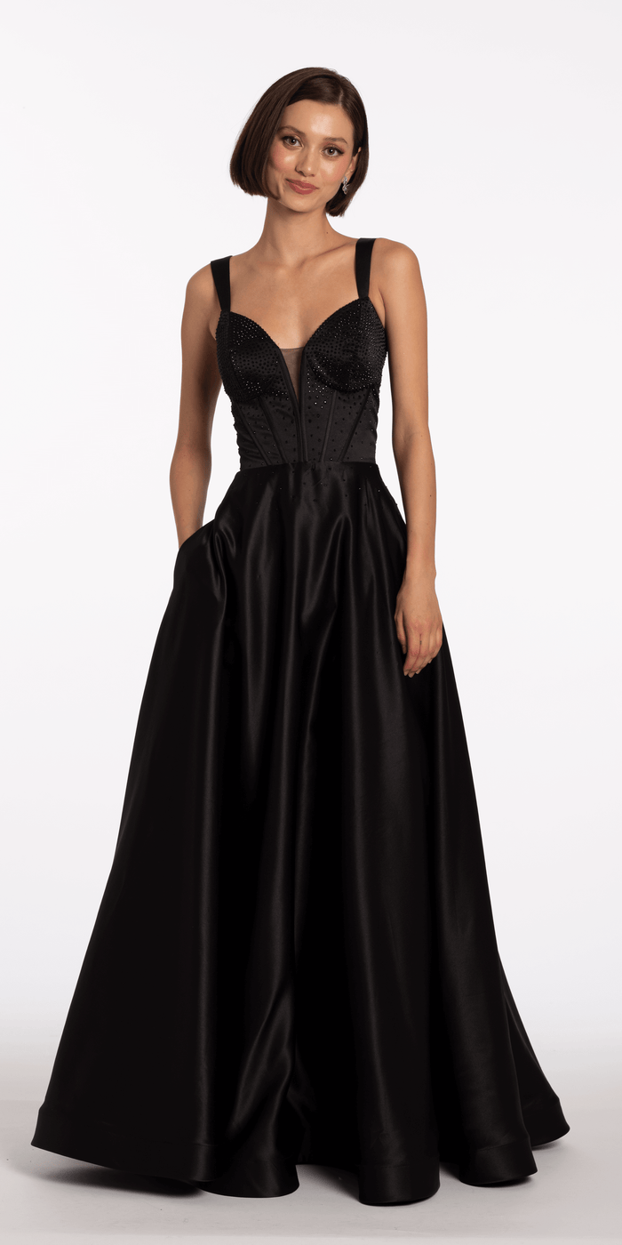 black/size/4/missy/Camille La Vie/Beaded Satin Sweetheart Corset A Line Dress with Pockets /front alt