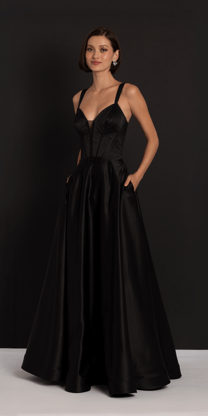 black/size/4/missy/Camille La Vie/Beaded Satin Sweetheart Corset A Line Dress with Pockets /front 2