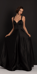 black/size/4/missy/Camille La Vie/Beaded Satin Sweetheart Corset A Line Dress with Pockets /front 1