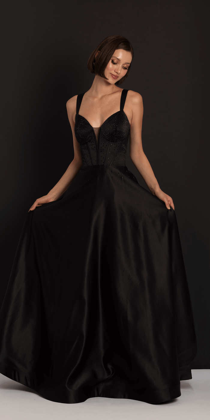 black/size/4/missy/Camille La Vie/Beaded Satin Sweetheart Corset A Line Dress with Pockets /front 1