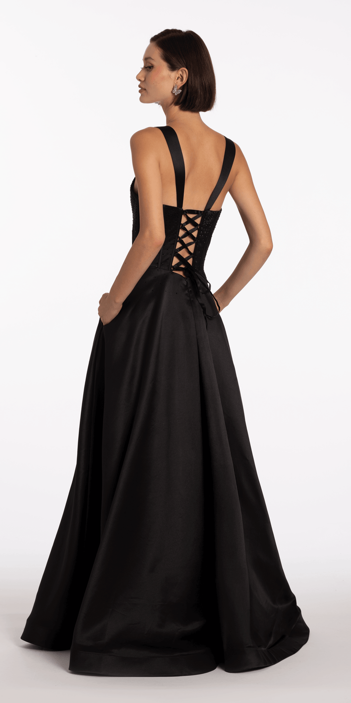 black/size/4/missy/Camille La Vie/Beaded Satin Sweetheart Corset A Line Dress with Pockets/back