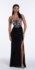 black-silver/size/4/missy/Camille La Vie/Beaded Strapless Sequin Column Dress with Ruching /front 1