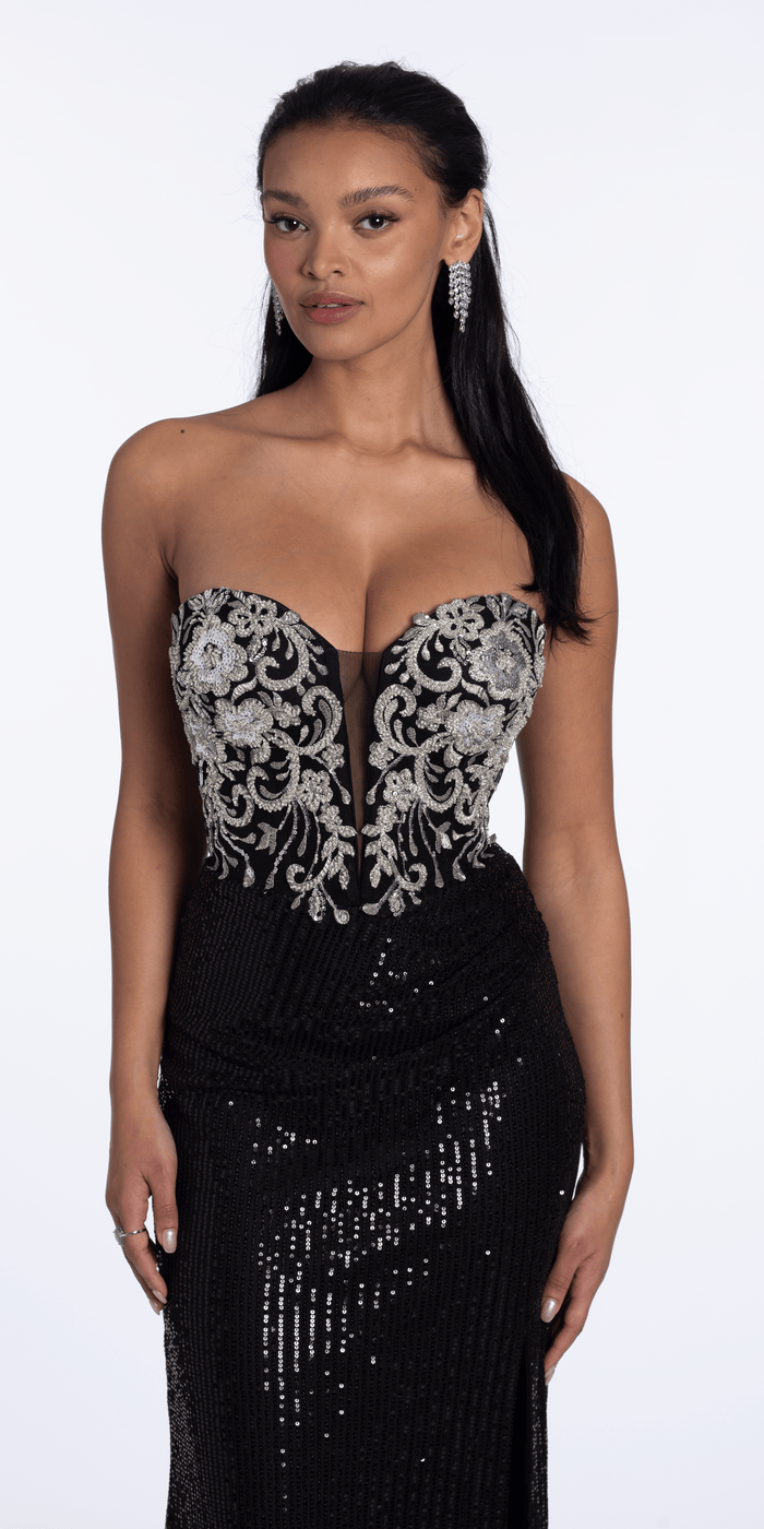 Beaded Strapless Sequin Column Dress with Ruching - Camille La Vie
