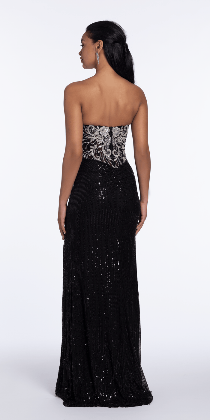 black-silver/size/4/missy/Camille La Vie/Beaded Strapless Sequin Column Dress with Ruching /back1