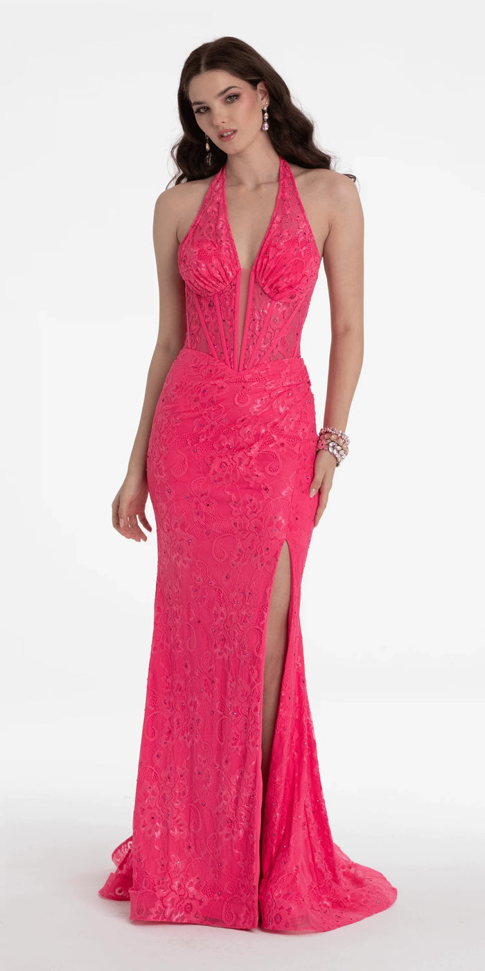 fuchsia/size/4/missy/Camille La Vie/Beaded Stretch Lace Halter Corset Column Dress/front
