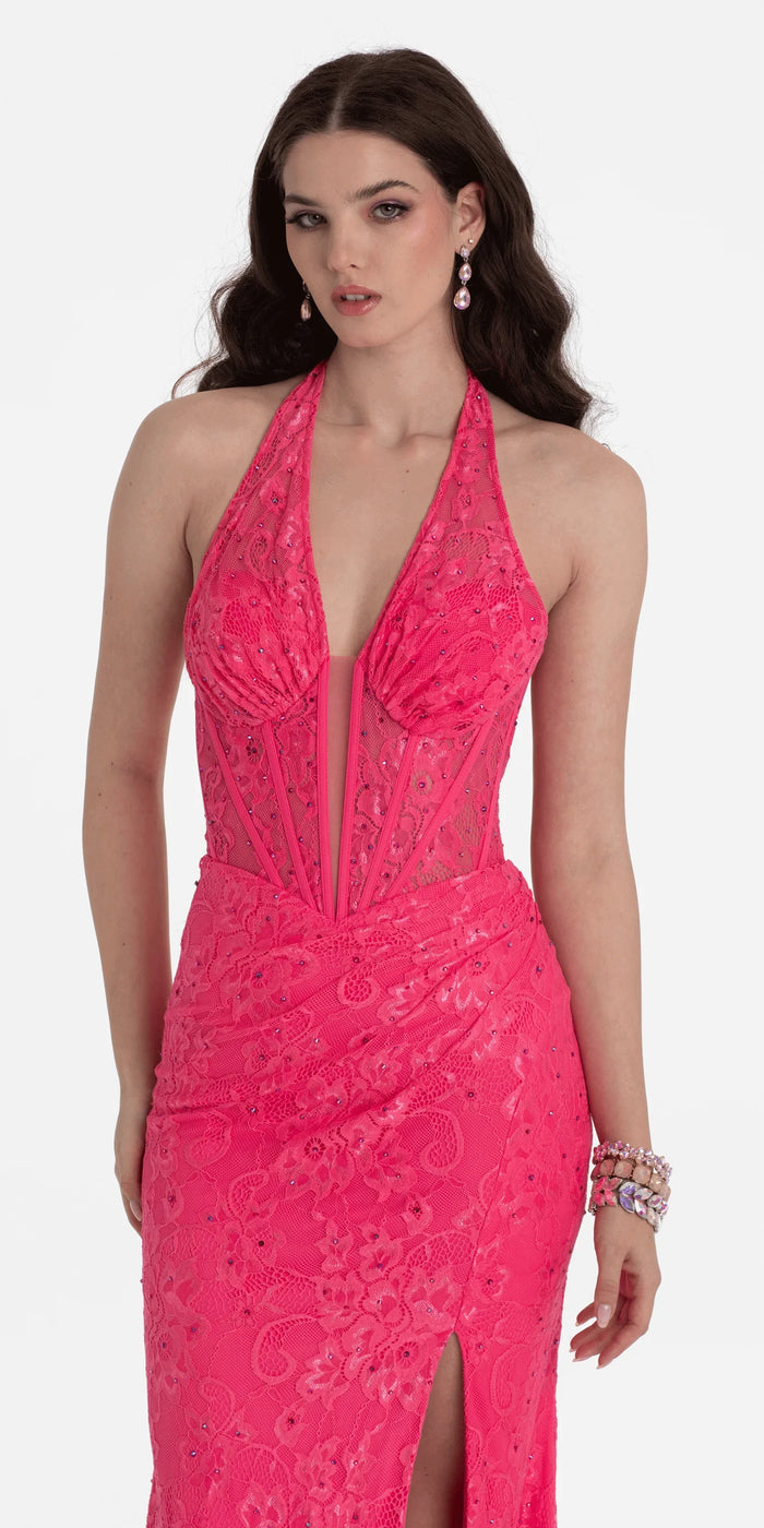fuchsia/size/4/missy/Camille La Vie/Beaded Stretch Lace Halter Corset Column Dress/close up