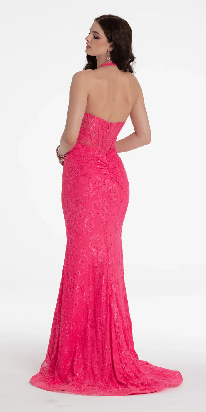 fuchsia/size/4/missy/Camille La Vie/Beaded Stretch Lace Halter Corset Column Dress/back