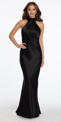 black/size/4/missy/Camille La Vie/Charmeuse Satin Cutaway Halter Column Dress with Back Ruching/front