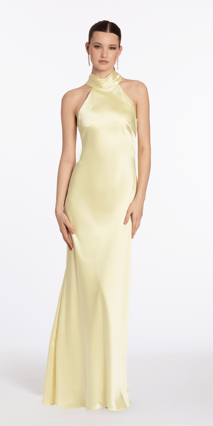 butter/size/4/missy/Camille La Vie/Charmeuse Satin Cutaway Halter Column Dress with Back Ruching /front