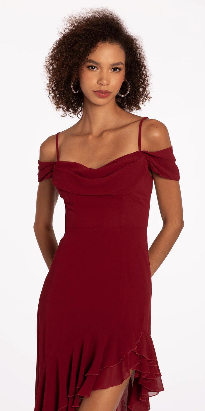 dark-red/size/s/missy/Camille La Vie/Chiffon Off the Shoulder Drape High Low Dress with Ruffle Hem /close up