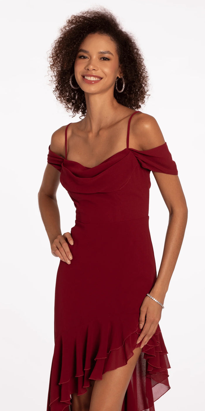 dark-red/size/s/missy/Camille La Vie/Chiffon Off the Shoulder Drape High Low Dress with Ruffle Hem /close up Alt