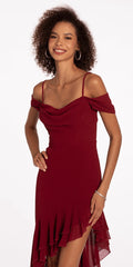dark-red/size/s/missy/Camille La Vie/Chiffon Off the Shoulder Drape High Low Dress with Ruffle Hem /close up Alt