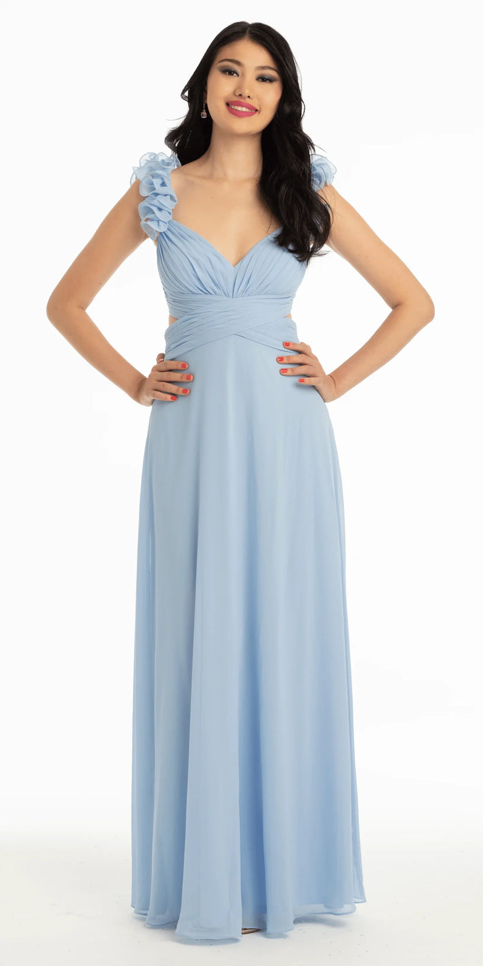 light-blue/size/4/missy/Camille La Vie/Chiffon Ruffle Shoulder Lace Up Back Column Dress/front alt 2