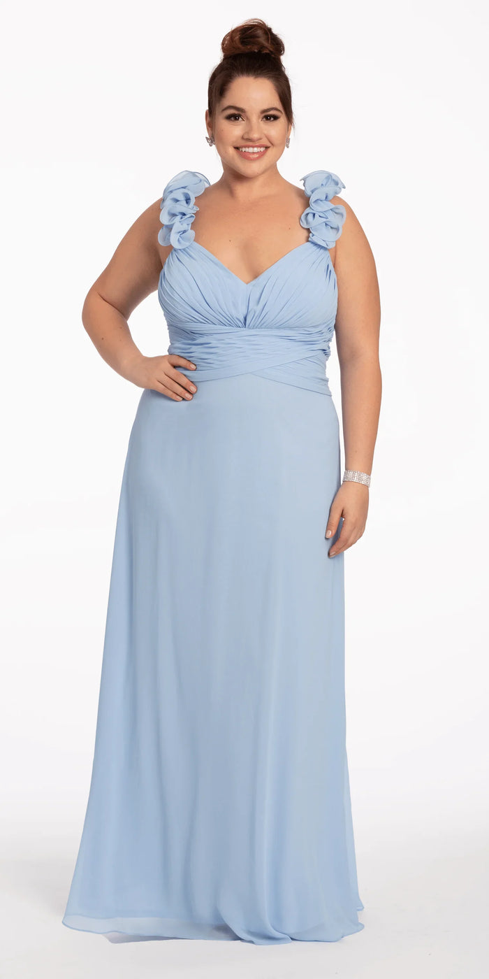 light-blue/size/14/plus/Camille La Vie/Chiffon Ruffle Shoulder Lace Up Back Column Dress/ front