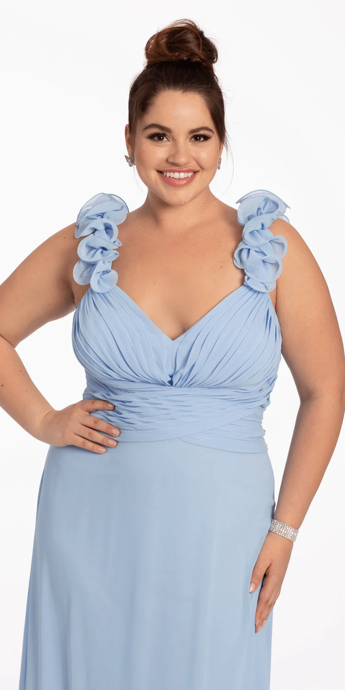light-blue/size/14/plus/Camille La Vie/Chiffon Ruffle Shoulder Lace Up Back Column Dress/close up