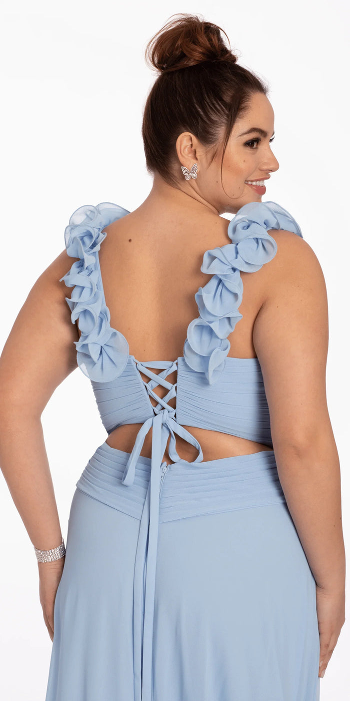 light-blue/size/14/plus/Camille La Vie/Chiffon Ruffle Shoulder Lace Up Back Column Dress/close up  back