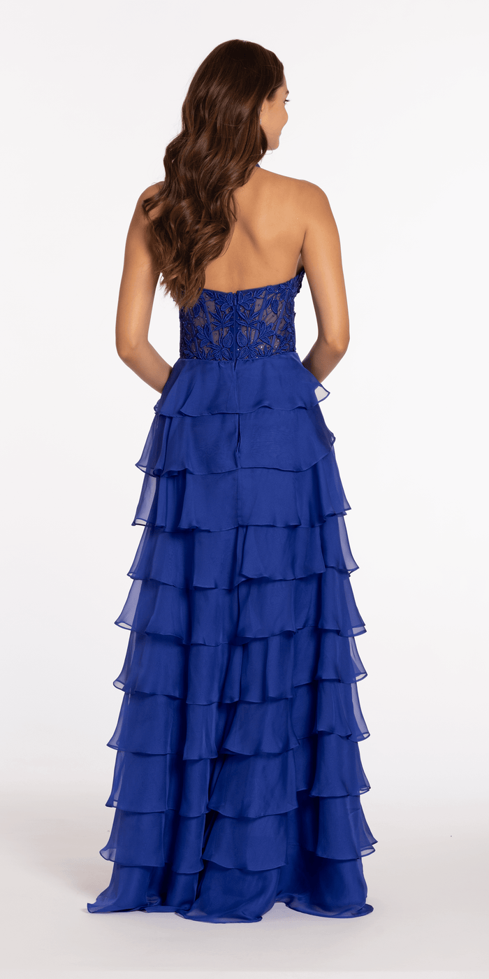 Chiffon Tiered Halter A Line Dress with Embellished Appliques - Camille La Vie