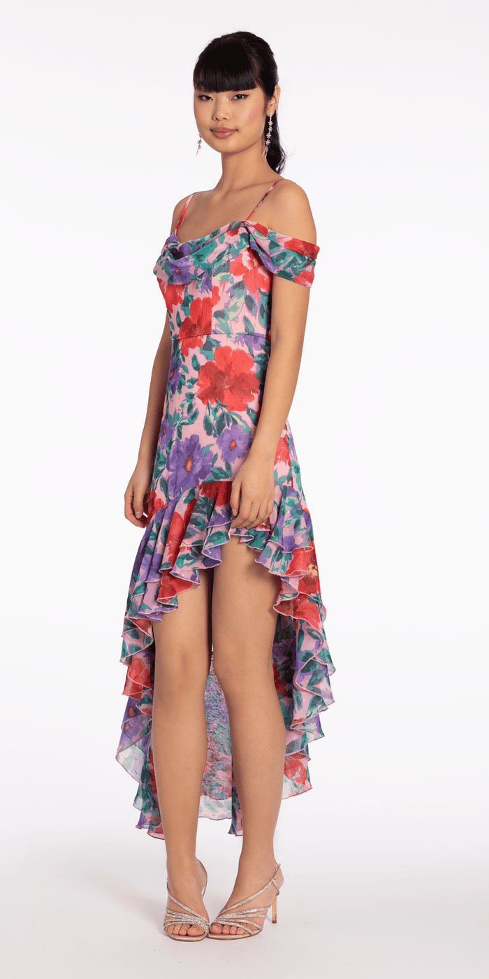 Chiffon Watercolor Tiered Asymmetrical Dress - Camille La Vie