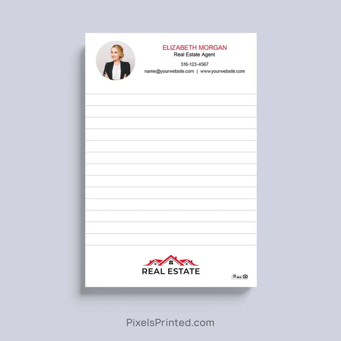 Personalized real estate agent notepad with headshot, logo and contact information