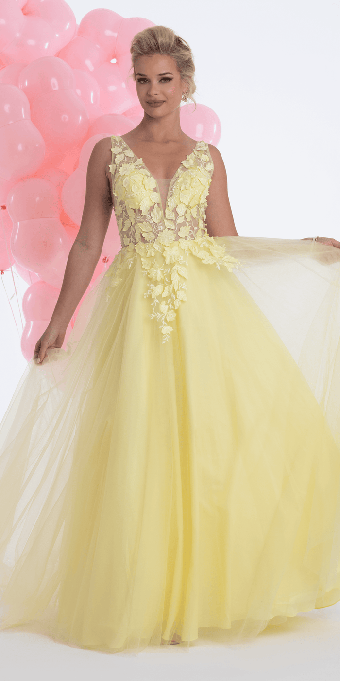 Deep V Back 3 D Floral Tulle Ballgown - Camille La Vie