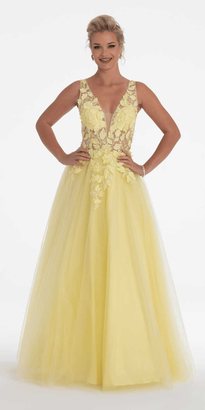 Deep V Back 3 D Floral Tulle Ballgown - Camille La Vie