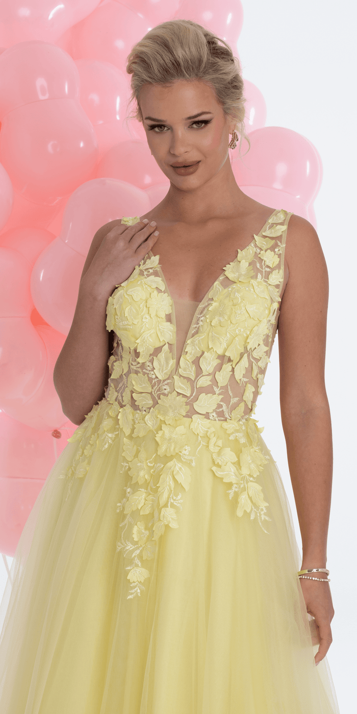 Deep V Back 3 D Floral Tulle Ballgown - Camille La Vie