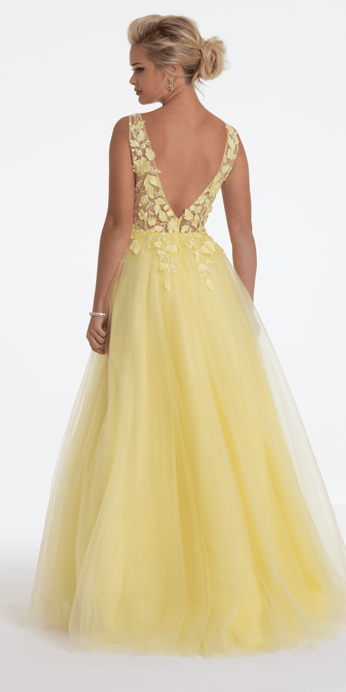 Deep V Back 3 D Floral Tulle Ballgown - Camille La Vie
