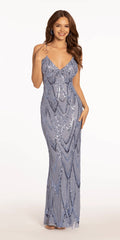 periwinkle/ size/4/ Camille La Vie/Deep V Illusion Sequin Tie Back Column Dress /front alt