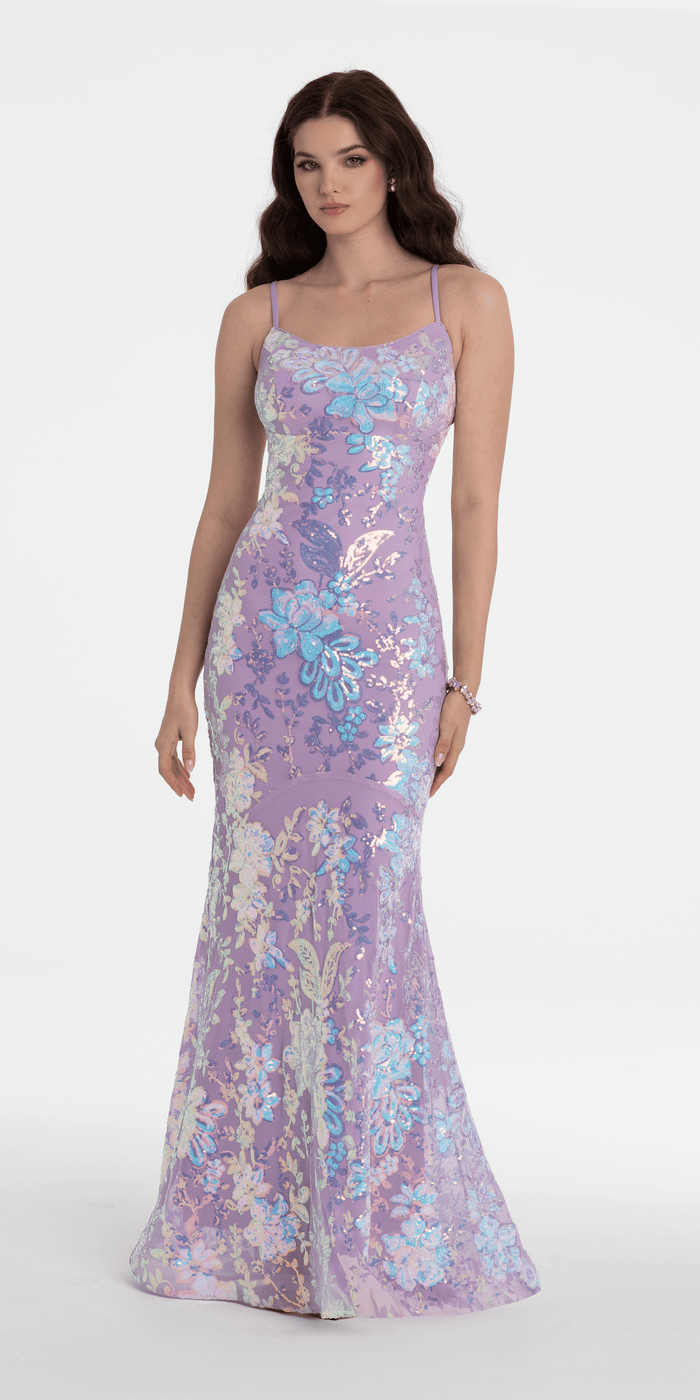 lavendar/size/4/missy/Camille La Vie/Double Clasp Back Floral Sequin Mermaid Dress/front