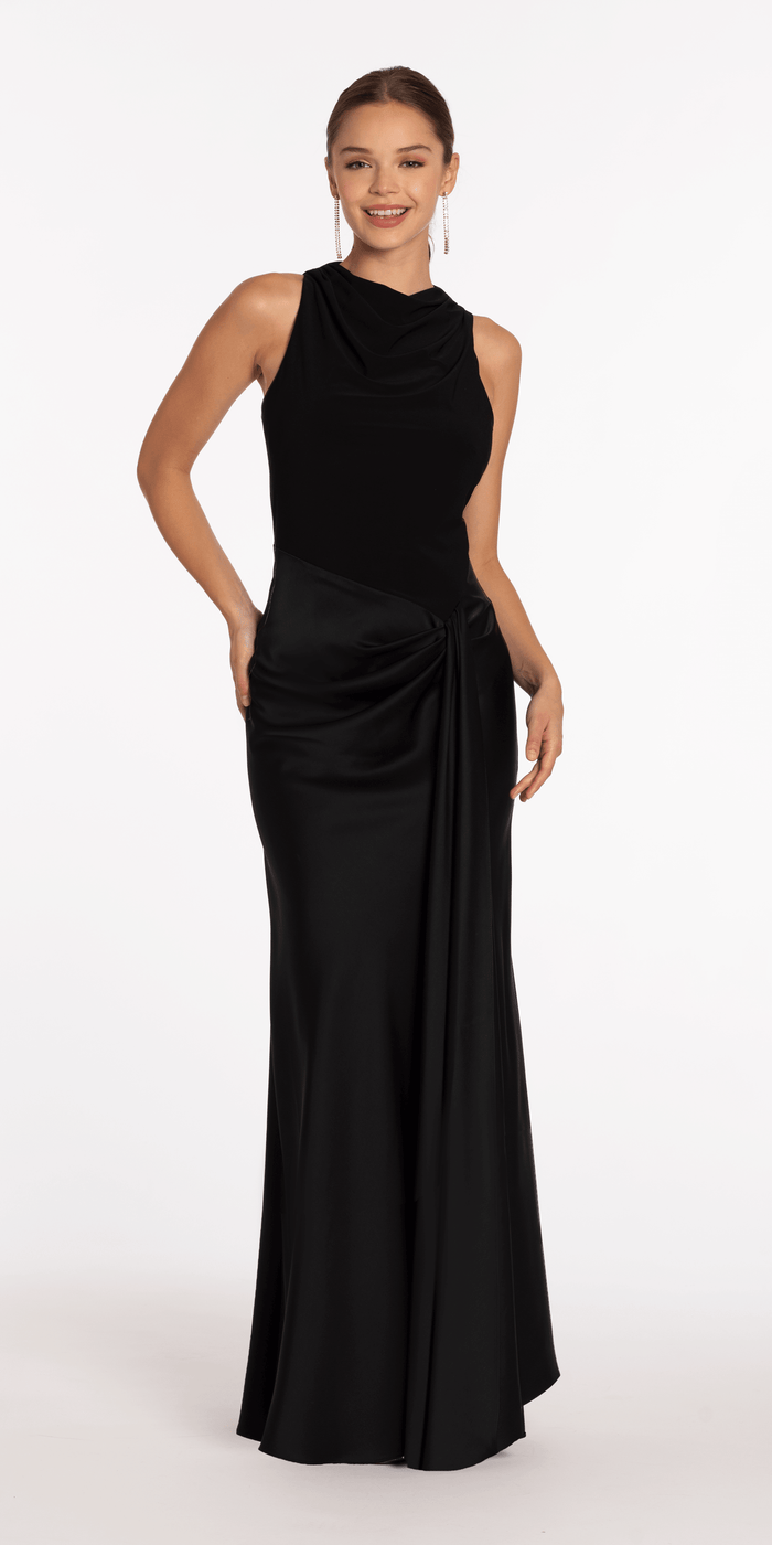 black/size/4/missy/Camille La Vie/Drape Neck Jersey and Satin Column Dress with Side Sash/front
