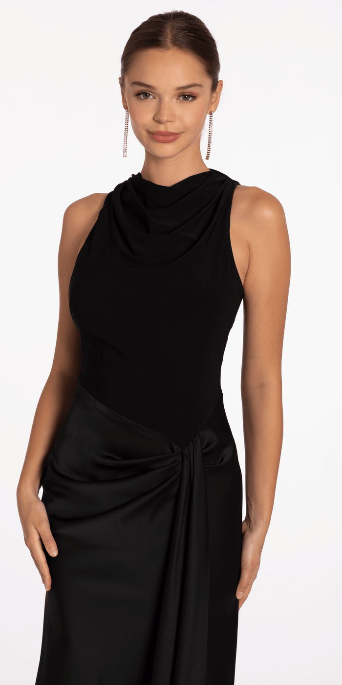 black/size/4/missy/Camille La Vie/Drape Neck Jersey and Satin Column Dress with Side Sash/close up