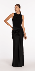 black/size/4/missy/Camille La Vie/Drape Neck Jersey and Satin Column Dress with Side Sash/front alt