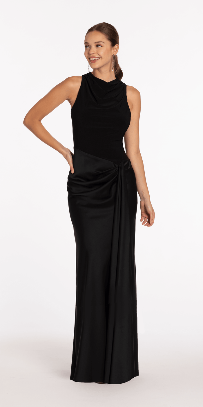 black/size/4/missy/Camille La Vie/Drape Neck Jersey and Satin Column Dress with Side Sash/front alt