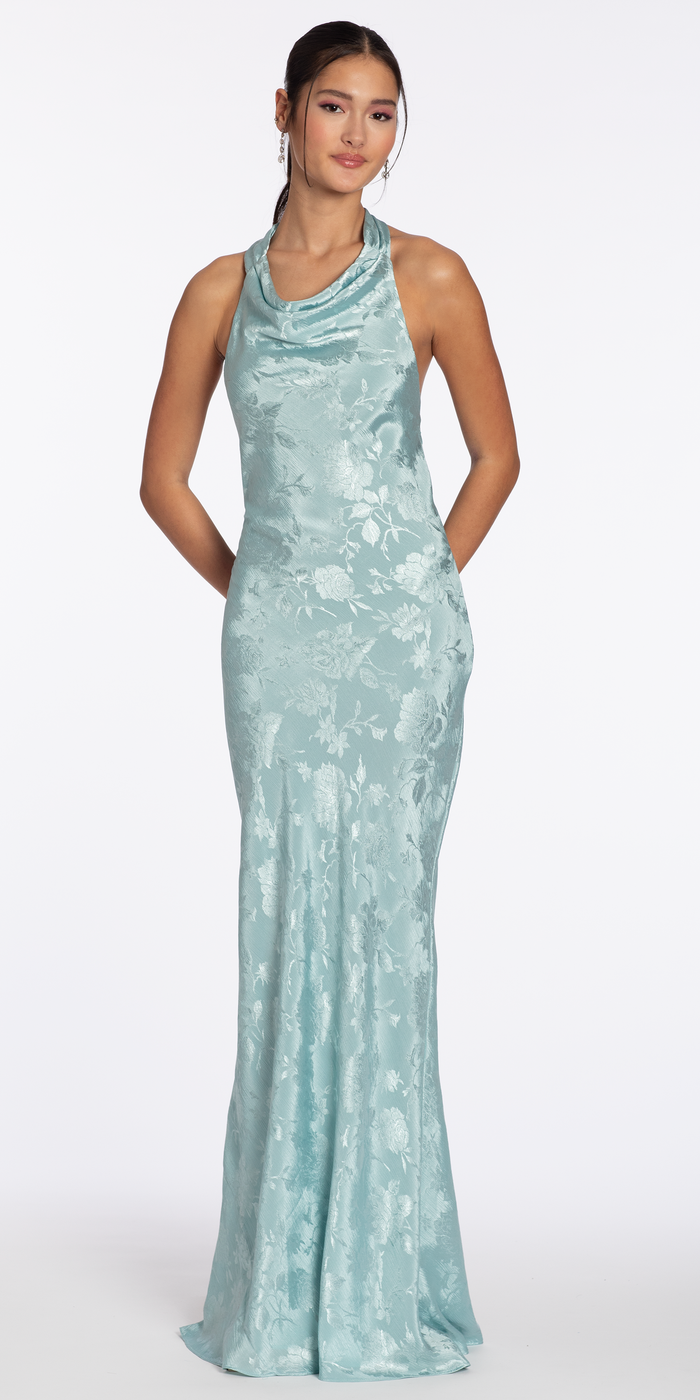 Drape Neck Tie Back Jacquard Column Dress - Camille La Vie