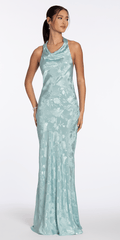 Drape Neck Tie Back Jacquard Column Dress - Camille La Vie