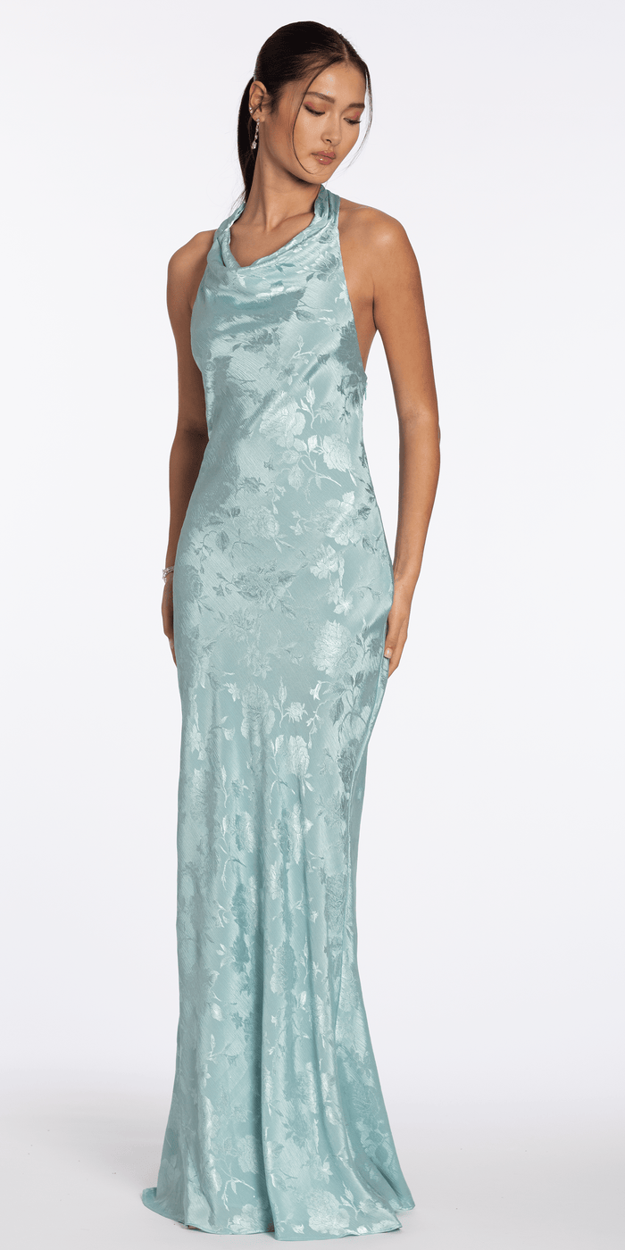 Drape Neck Tie Back Jacquard Column Dress - Camille La Vie