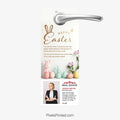 Easter-themed real estate door hanger used for seasonal farming with agent branding and contact information.