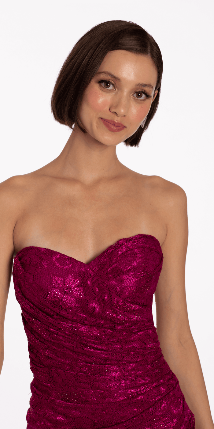 Embellished Strapless Lace Bodycon Dress with Ruching - Camille La Vie