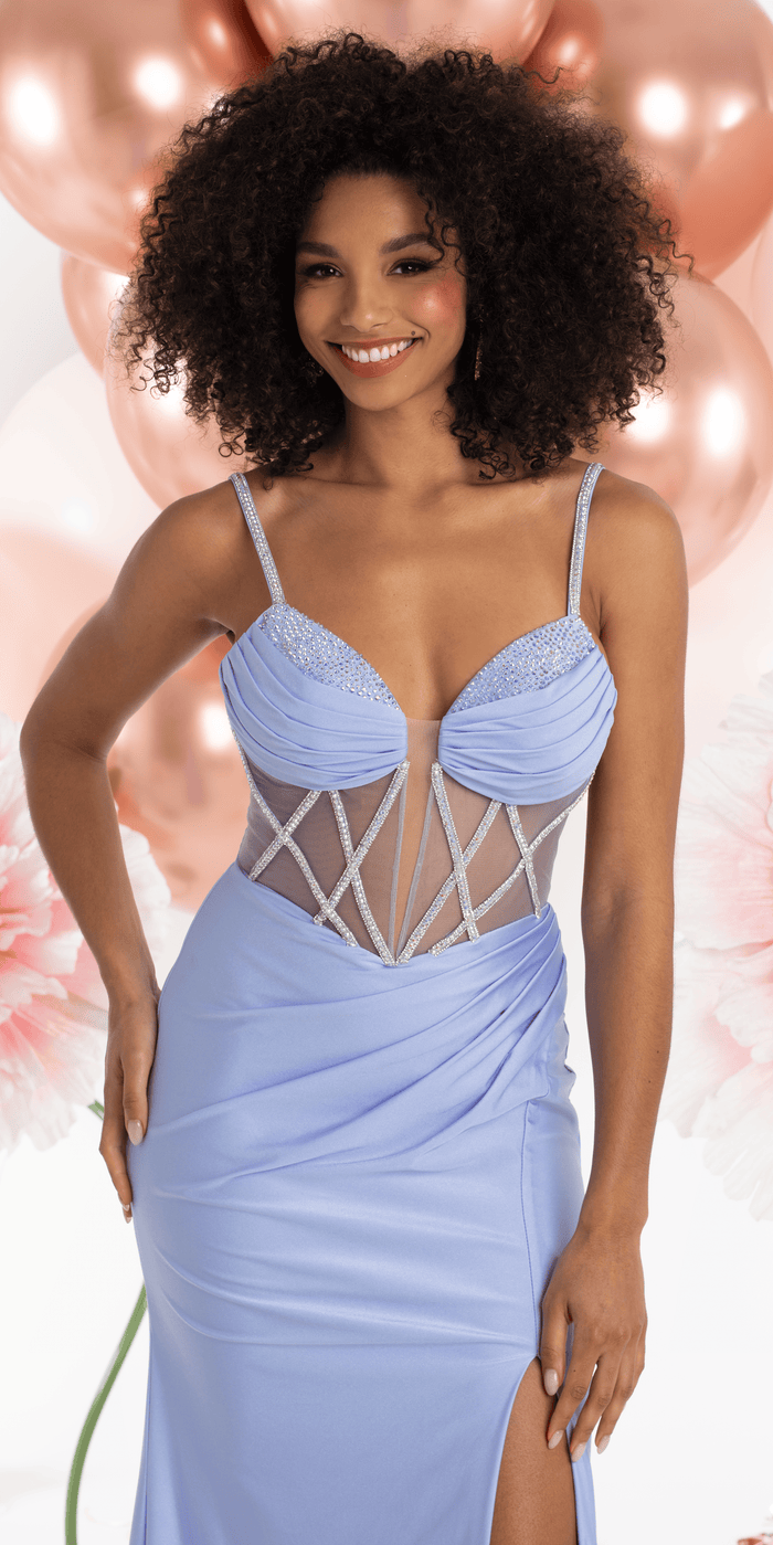 light-blue/size/4/missy?Camille La Vie/Embellished Sweetheart Corset Sateen Column Dress with Ruching /close up