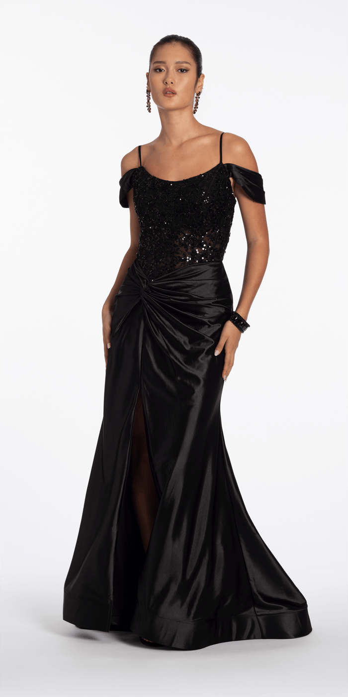 Camille La Vie Embroidered Sequin Satin Off the Shoulder Twist Knot Trumpet Dress missy / 2 / black