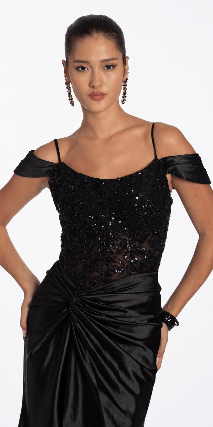 Camille La Vie Embroidered Sequin Satin Off the Shoulder Twist Knot Trumpet Dress