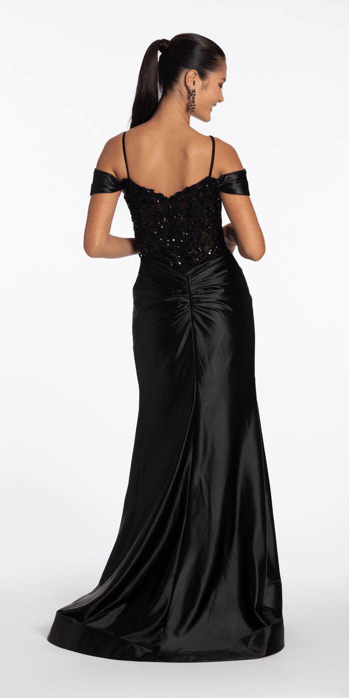 Camille La Vie Embroidered Sequin Satin Off the Shoulder Twist Knot Trumpet Dress